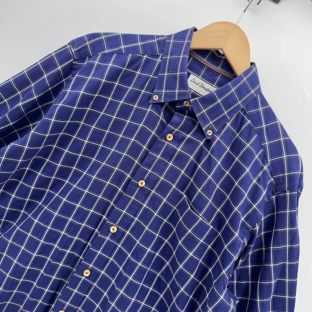 David Donahue Grid Button Down Shirt Mens Large Blue White Long Sleeve Plaid
